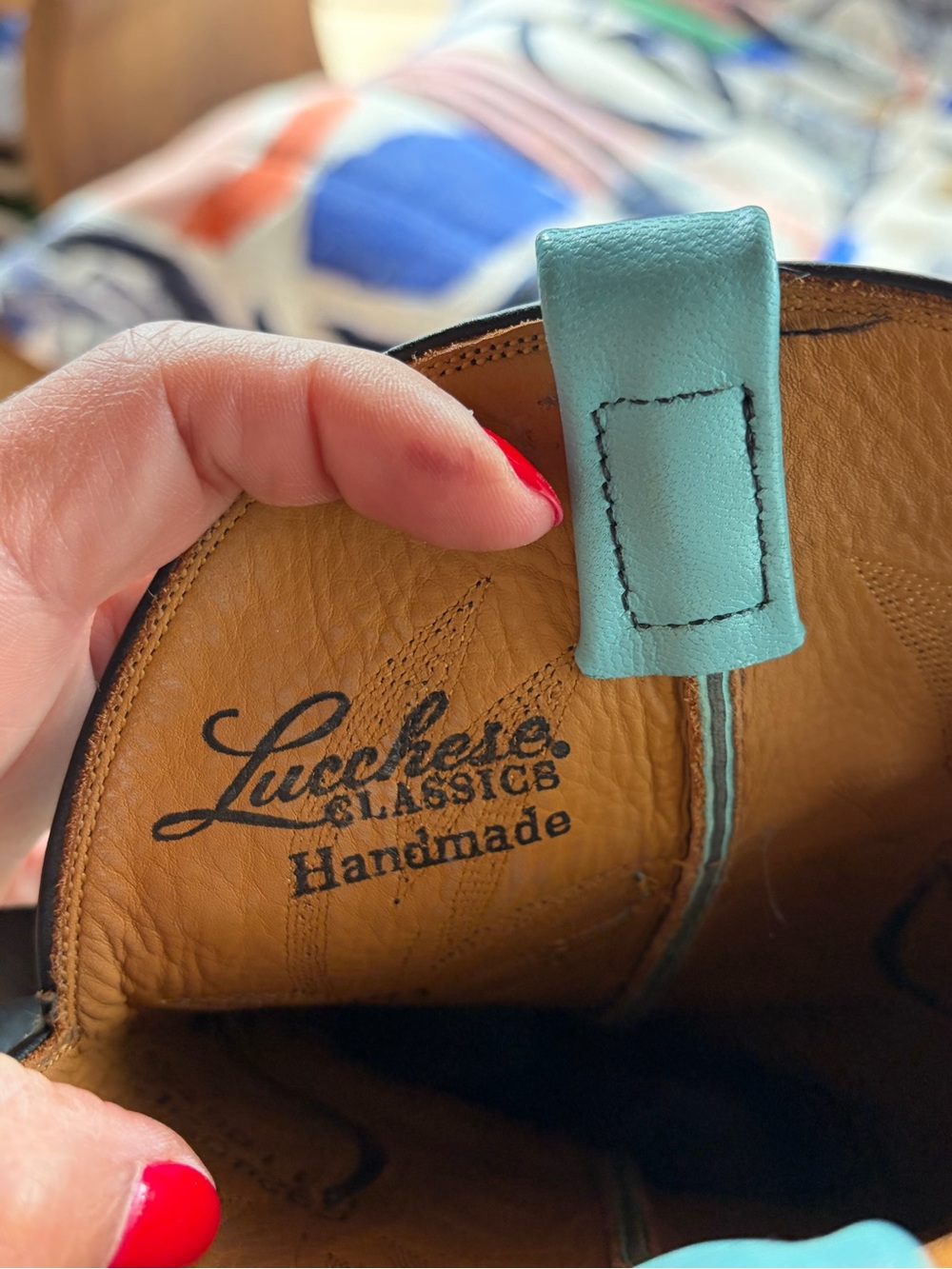 Lucchese Handmade Turquoise & Tan Leather Boot Interior - Picture 2 of 5